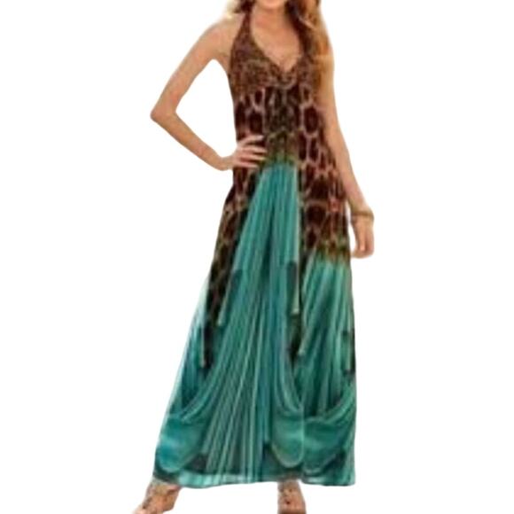 Boston Proper Sz S Beaded Leopard Ombre Teal Goddess Maxi Halter Dress Y2K Vibe - Picture 1 of 8